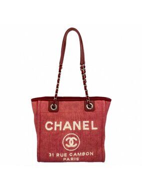 Chanel Chain Tote Deauville Canvas Red Silver